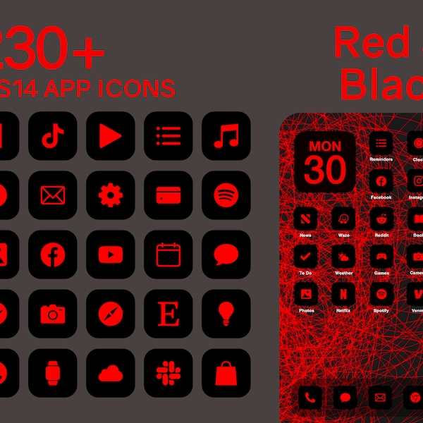 iOS zwarte en rode app-pictogrammen | 230+ Rood op Zwart Minimaal iOS 14 Modern Icon Pack