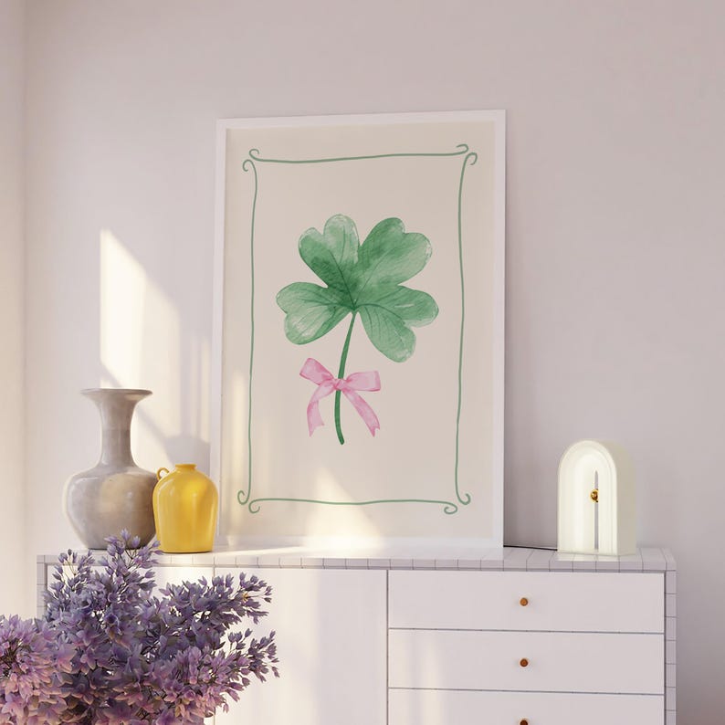 Coquette Shamrock-tryck, digital konstnedladdning, St Patricks Day-dekor, St Patricks-väggkonst, Shamrock-väggkonst, söt irländsk väggkonst bild 4