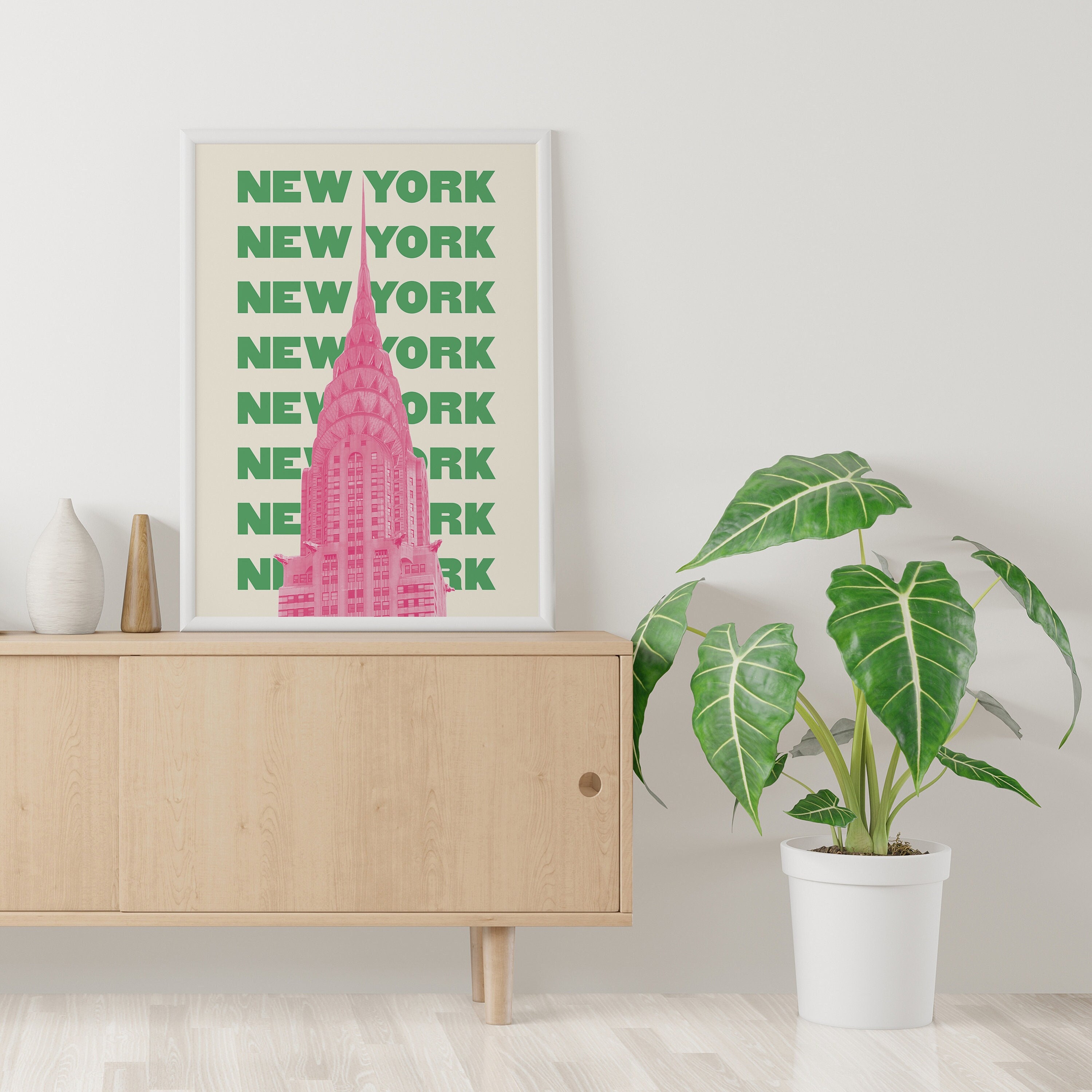 Discover New York City Travel Print | Digital Art Download | Pink Green NYC Travel Exhibition Posters