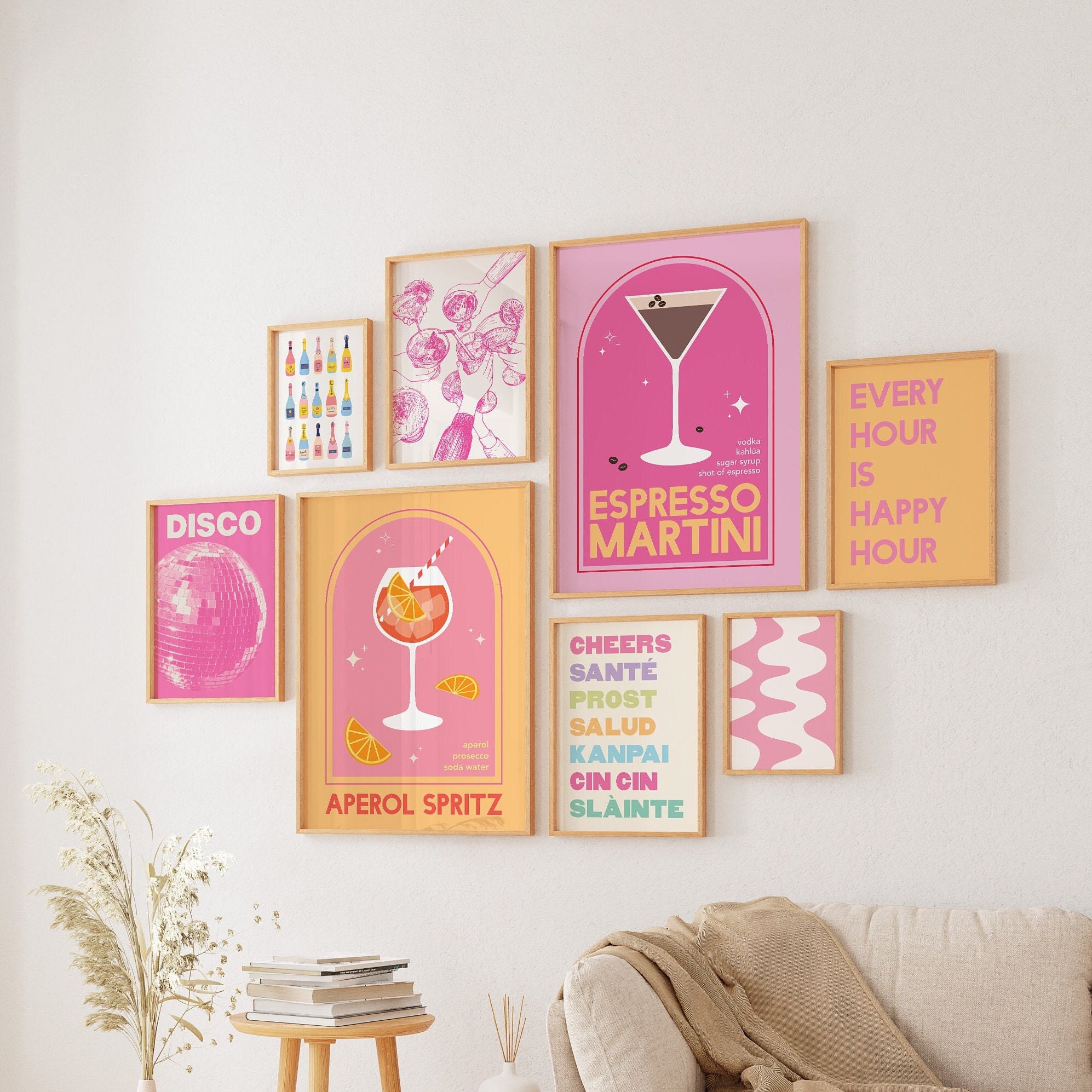 Bar Cart Gallery Wall, Digital Art Download, 10 Printables, Cute Pink Orange Dorm Room Art, Trendy Gallery Wall Art, Cocktail Prints