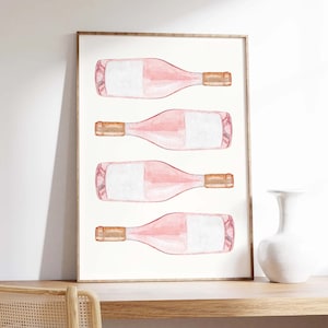 Rosé Bottles Print | Digital Art Download | Cute Pink Wine Print | Cocktail Bar Printable Art | Trendy Kitchen Print