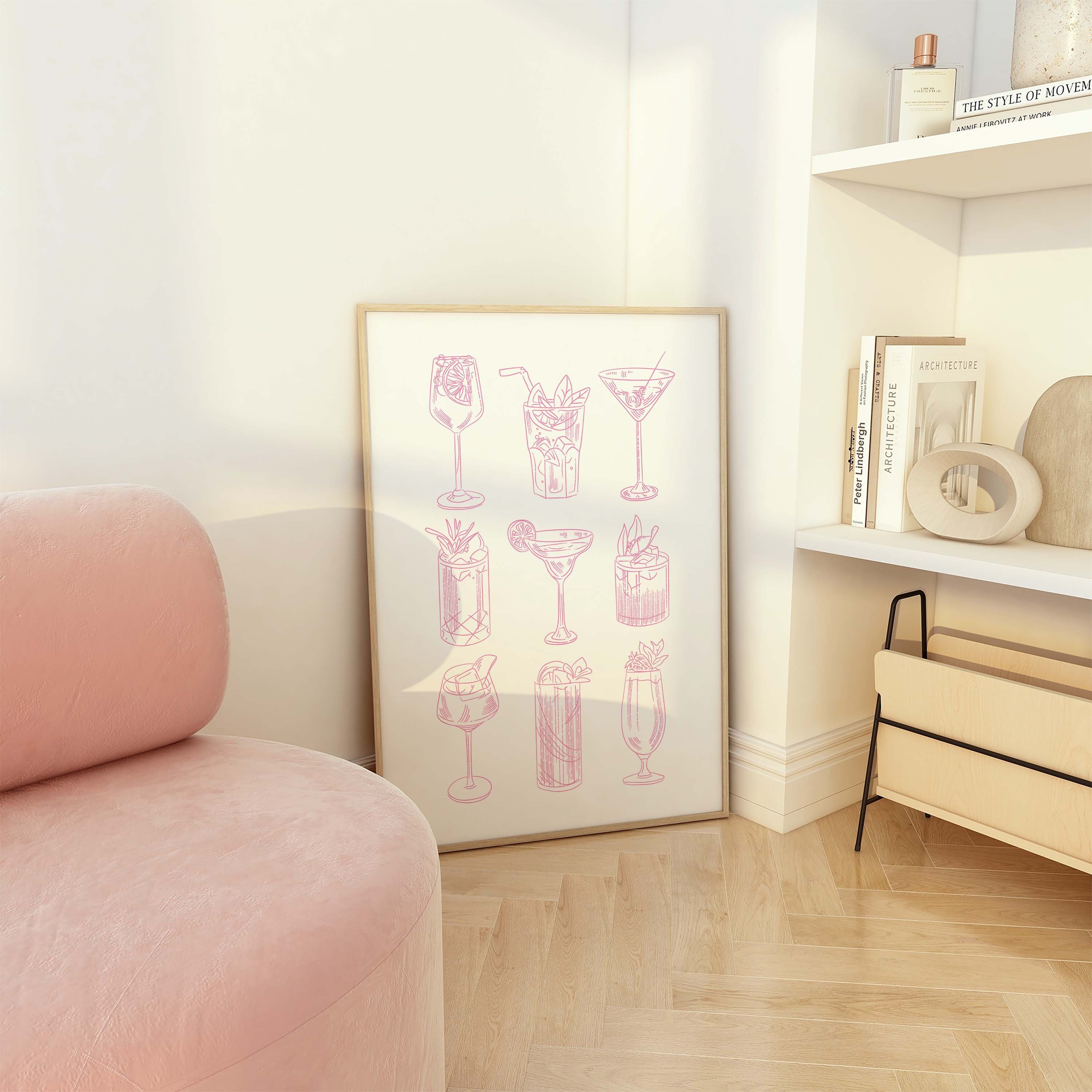 Cocktail Sketch Print, Digital Art Download, Cute Bar Cart Print, Pink ...