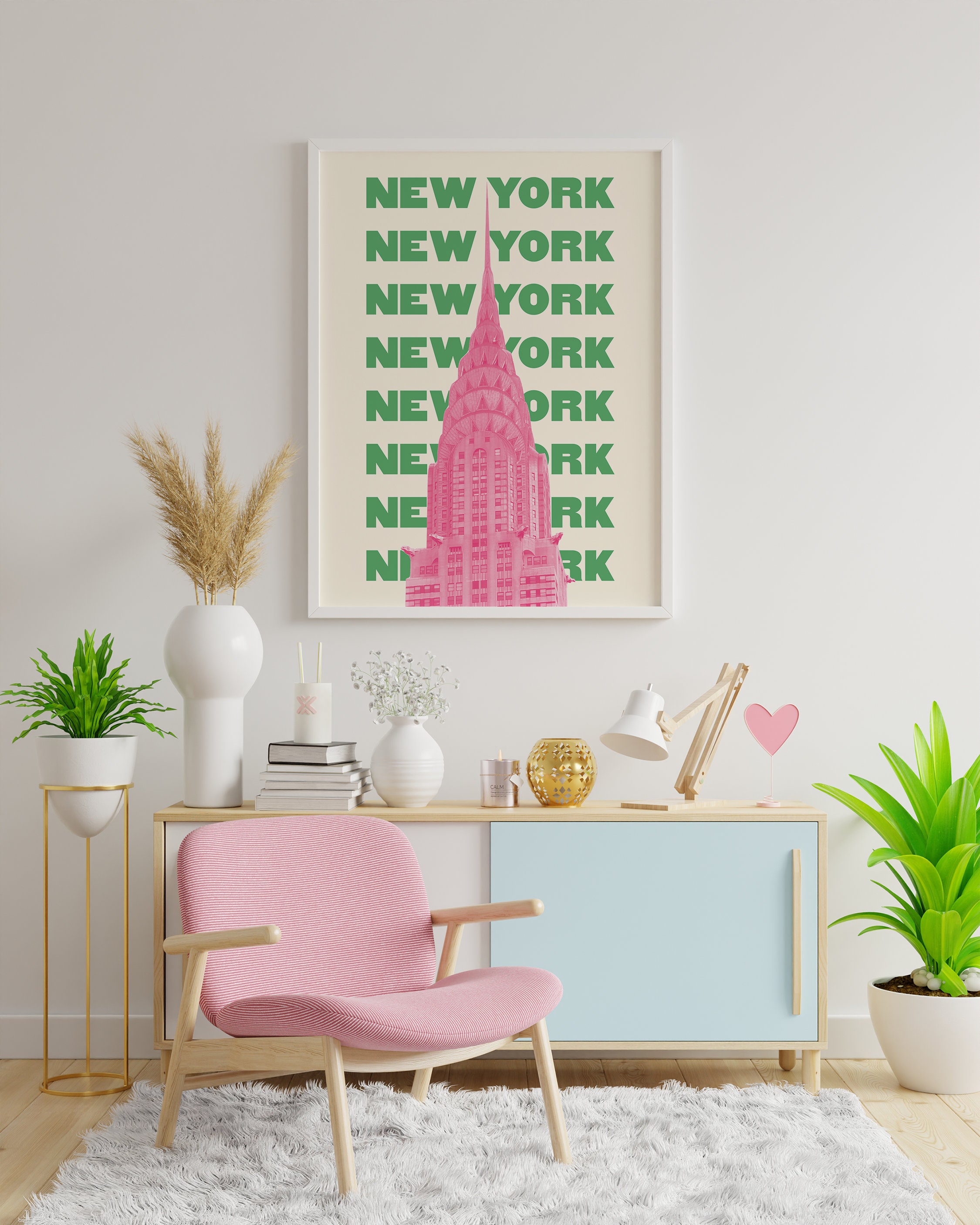 Discover New York City Travel Print | Digital Art Download | Pink Green NYC Travel Exhibition Posters
