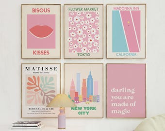 Set of 6 Pink Print Gallery Wall, Digital Art Download, Boho Matisse Printable Art, Trendy Gallery Wall Art