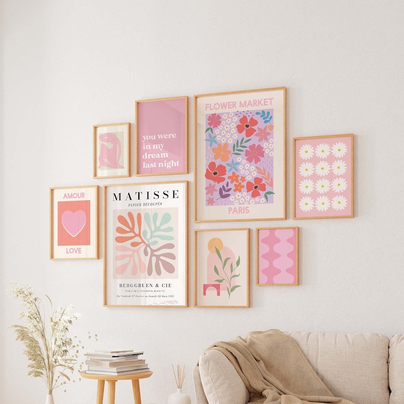 Pink Gallery Wall Set, Digital Art Download, 10 Printables, Boho Matisse Printable Art, Trendy Wall Art Set, Pink Gallery Wall image 1