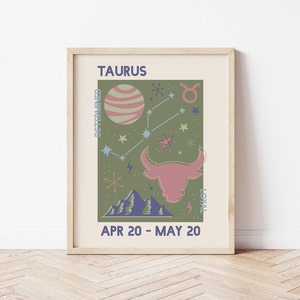 Wydruk znaku zodiaku Byk, pobieranie sztuki cyfrowej, modny plakat astrologiczny, zielona sztuka ścienna retro, wydruk artystyczny znaku zodiaku, słodka modna sztuka ścienna