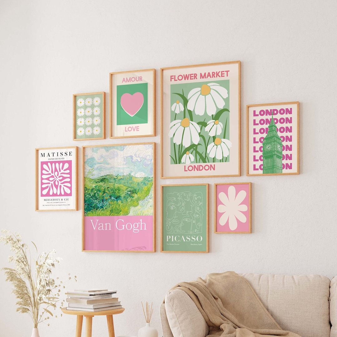 Pink and Green Gallery Wall, Digital Art Download, 10 Printables, Cute ...