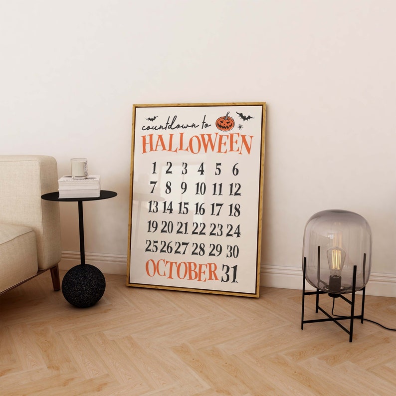 May include: A countdown to Halloween poster with a pumpkin and bats. The poster has a white background with black text and numbers. The numbers count down from 30 to 1 and the text says "countdown to HALLOWEEN" and "OCTOBER 31".