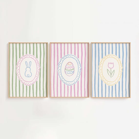 Whimsical Easter Art Prints, Digital Art Download, 3 Prints, Cute Spring Art Prints, Charming Easter Decor, Trendy Striped Wall Art