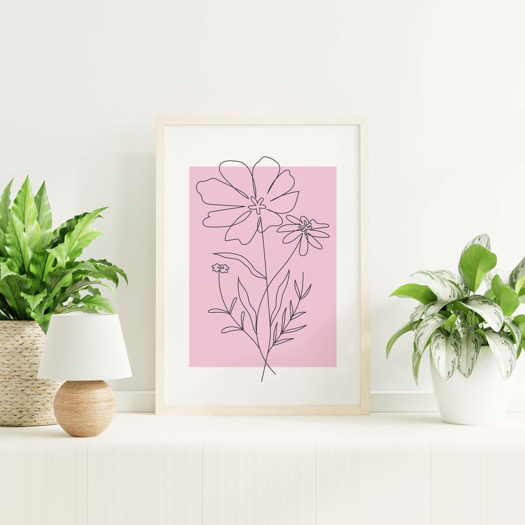 Pink Wall Art Print | Digital Art Download | Floral Botanical Line Art ...