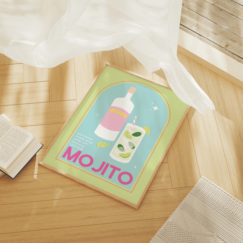Mojito Cocktail Print / Descarga de arte digital / Lindo rosa verde Mojito Cocktail Bar Arte imprimible / Arte de pared de cocina imagen 3