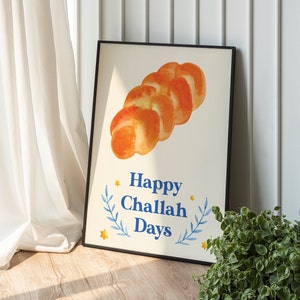 Happy Challah Days Print | Digital Art Download | Cute Watercolor Hanukkah Illustration Art | Blue Jewish Holiday Wall Decorations