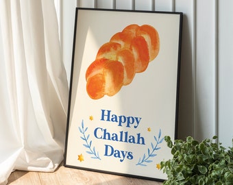 Happy Challah Days Print | Digital Art Download | Cute Watercolor Hanukkah Illustration Art | Blue Jewish Holiday Wall Decorations