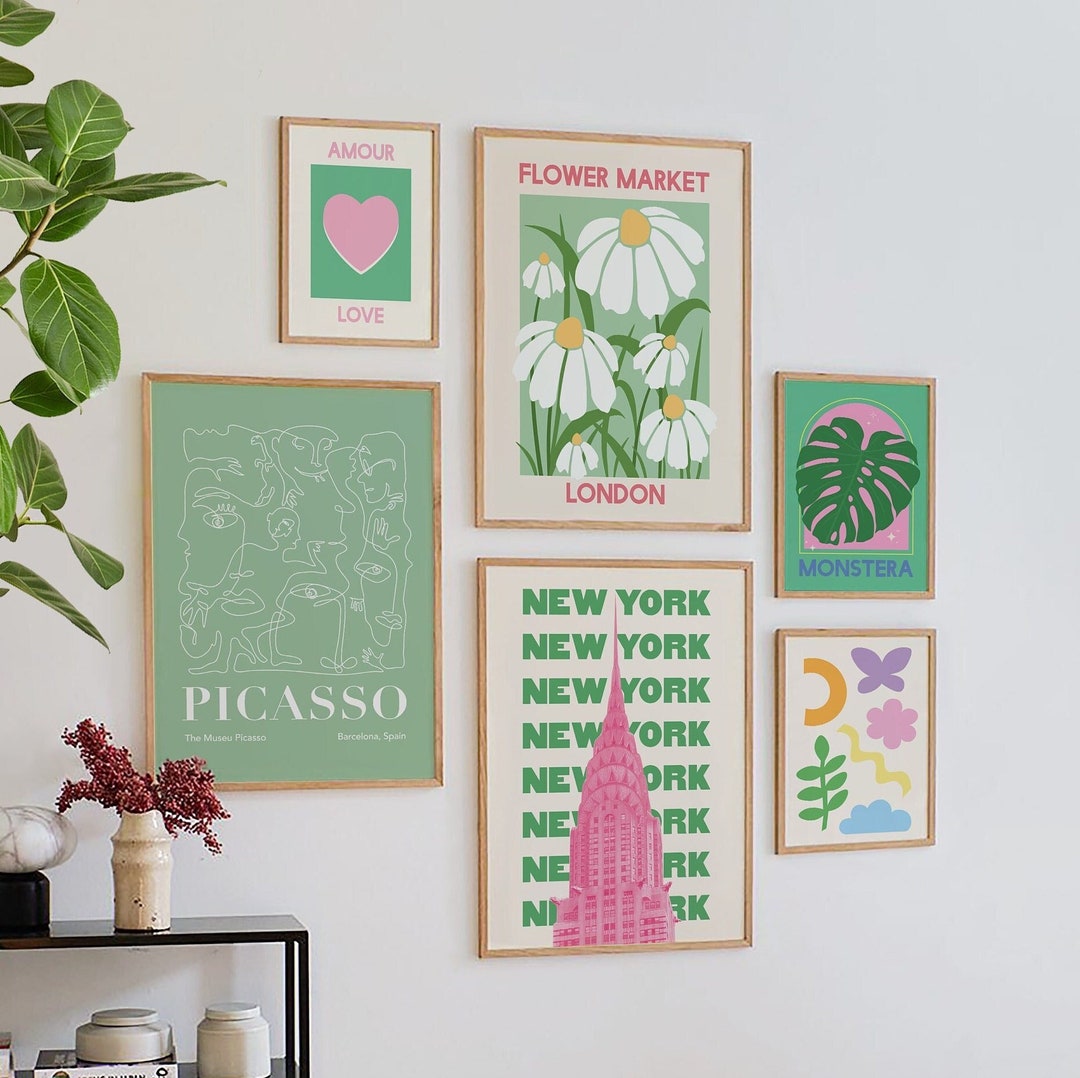 Set of 6 Green and Pink Print Gallery Wall | Digital Art Download | New ...