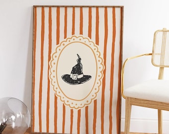 Striped Witch Print, Digital Download, Cozy Halloween Wall Art, Halloween Wall Decor, Vintage Halloween Wall Art, Whimsical Halloween Art