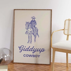 Giddyup Cowboy Print | Digital Art Download | Retro Blue Wall Art | Country Western Art Print | Trendy Retro Wall Art
