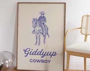 Impressão de vaqueiro Giddyup | Baixar arte digital | Arte de parede azul retrô | Impressão ocidental da arte do país | Arte de parede retrô moderna