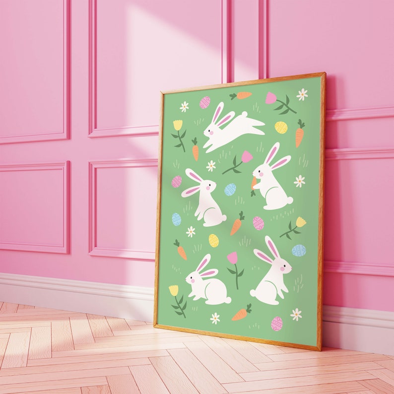 May include: A green background with white bunnies, carrots, and colorful Easter eggs. The bunnies are in various poses, some holding carrots, some hopping, and some sitting. The background is filled with small white flowers and green leaves.