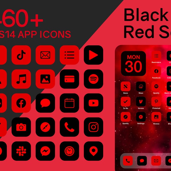 iOS Schwarz & Rot App Icons Set | 460+ Rot und Schwarz Minimal iOS 14 Modern Icon Pack