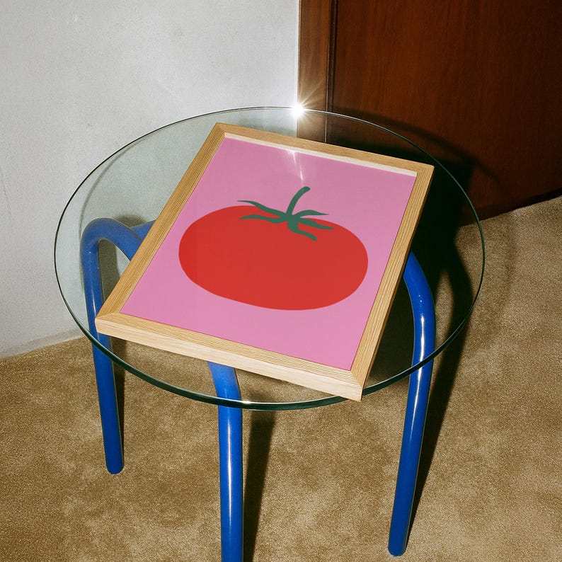 Tomatenprint, gewaagde rode keukenposter, minimale grafische voedselkunst, roze dopamine-decor, digitale download afbeelding 9