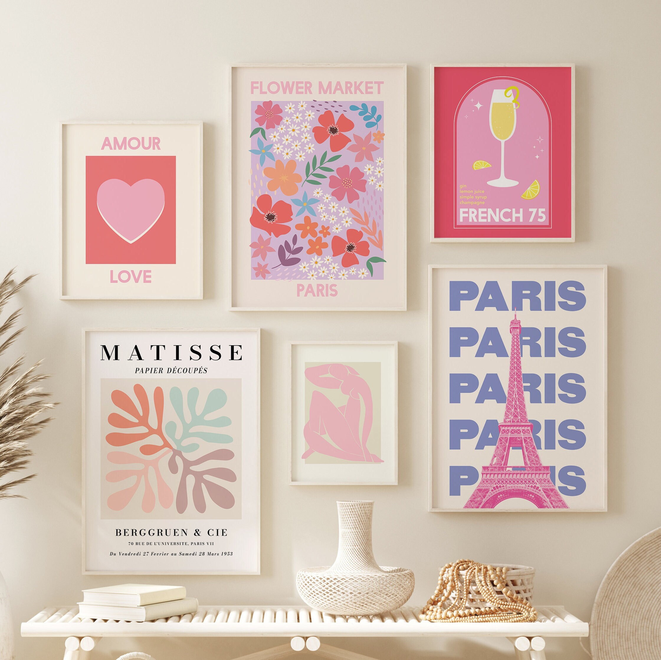 Set of 6 Pink Print Gallery Wall | Digital Art Download | Boho Paris ...