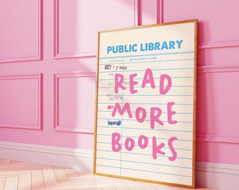 Może przedstawiać: Karta biblioteczna w stylu vintage z tekstem "READ MORE BOOKS" w różowych literach. Karta zawiera pole daty zwrotu z datą "OCT 1 2 1966" wypełnioną.