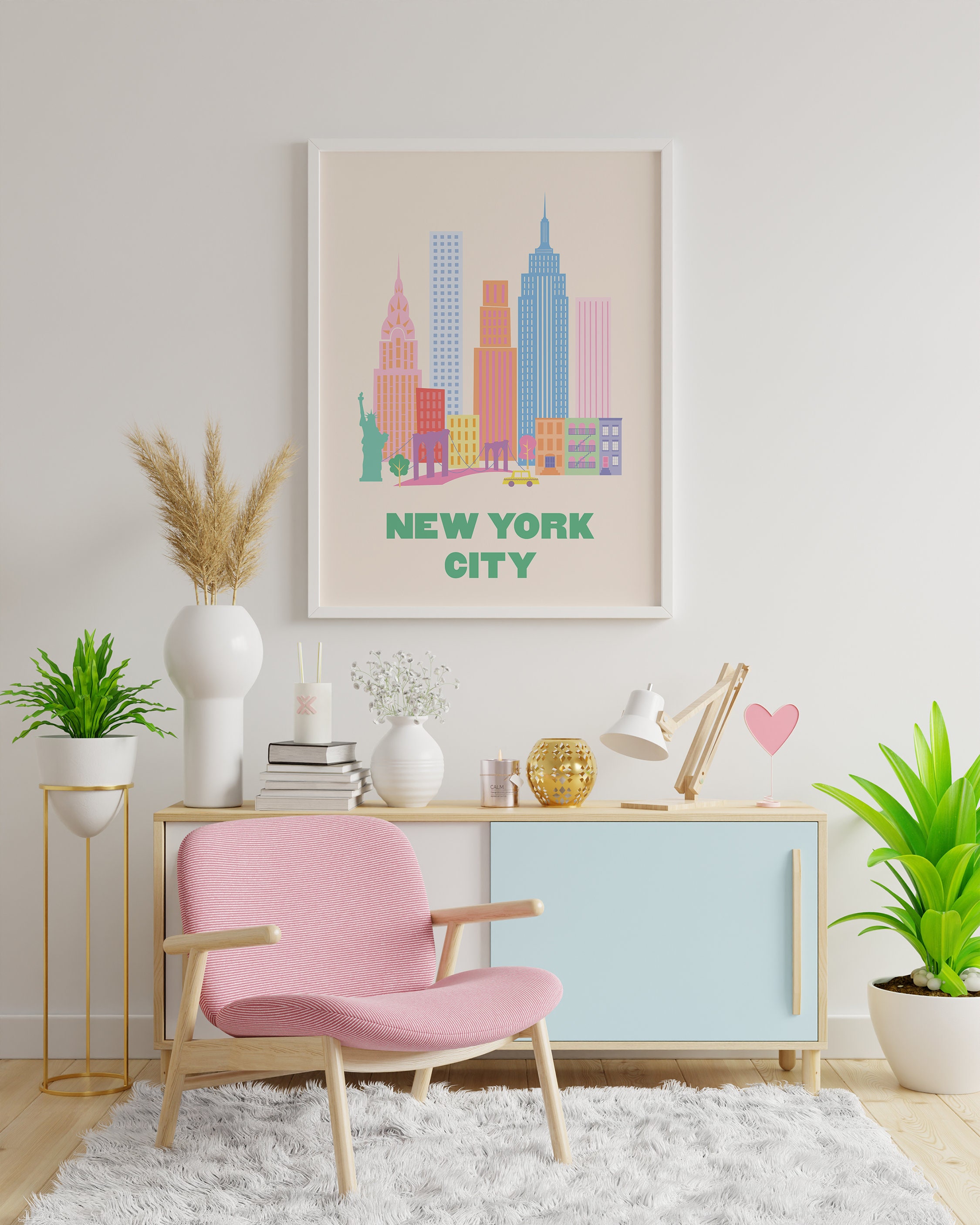 Discover New York City Travel Print |  Pink NYC Skyline Exhibition Poster