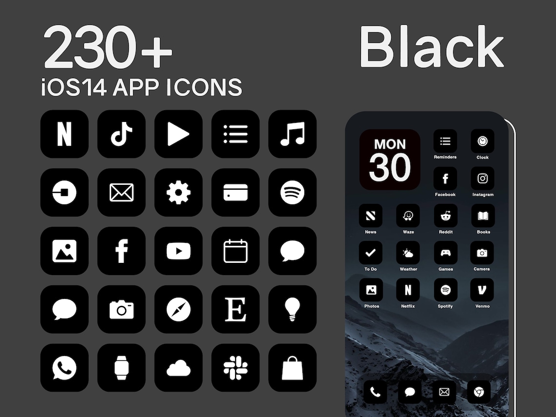 Ios Black App Icons 230 Dark Minimal Ios 14 Modern Icon Etsy