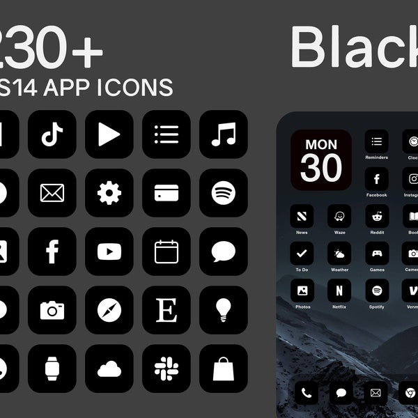 iOS zwarte app-pictogrammen | 230+ Donker minimaal iOS 14 Modern Icon Pack