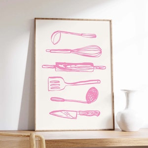 kitchen art personalized prints - utensils, cups,... Kitchen Utensils Print, Digital Art Download, Pink Kitchen Decor ...
