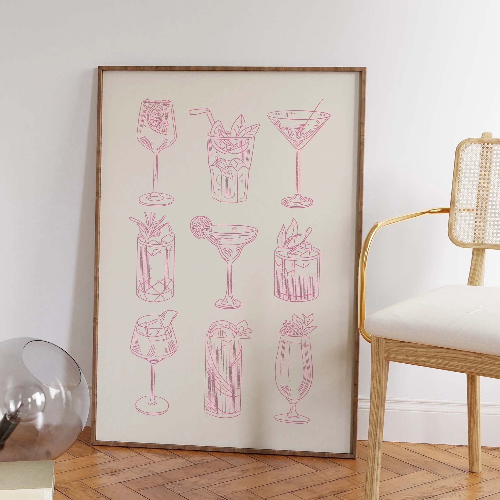 printable kitchen prints wall art, set of 6, hand... Cocktail Sketch Print, Digital Art Download, Cute Bar Cart Print, Pink ...