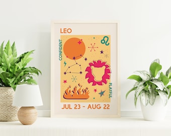 Leo Zodiac Print | Digital Art Download | Trendy Astrology Poster | Yellow Retro Wall Art | Star Sign Art Print | Cute Trendy Wall Art