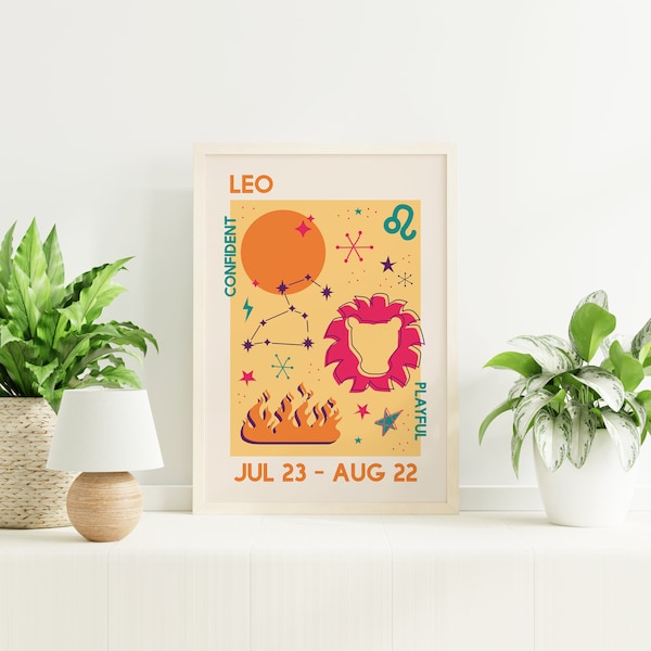 Leo Zodiac Print | Digital Art Download | Trendy Astrology Poster | Yellow Retro Wall Art | Star Sign Art Print | Cute Trendy Wall Art