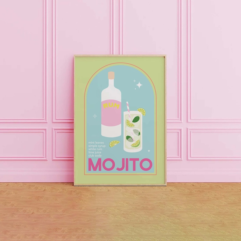 Mojito Cocktail Print / Descarga de arte digital / Lindo rosa verde Mojito Cocktail Bar Arte imprimible / Arte de pared de cocina imagen 1