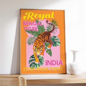 Tiger India Print | Digital Art Download | Orange Pink Bengal Tiger Printable Art | Tropical Jungle Wall Art | Cute Trendy Wall Art