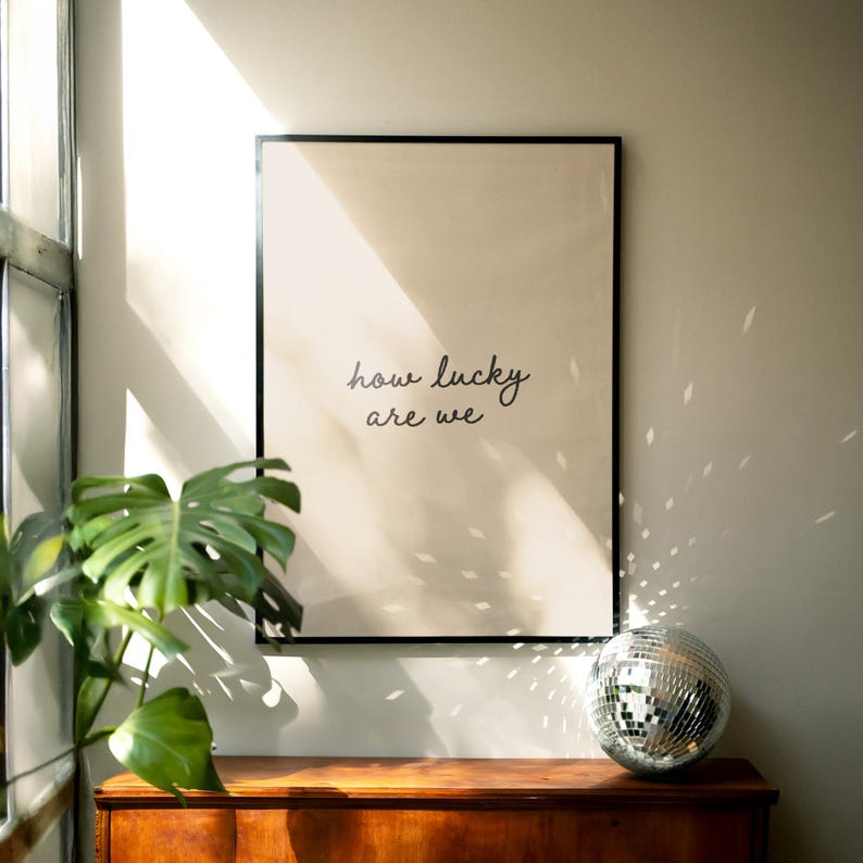 Puede incluir: Un cuadro enmarcado con el texto "how lucky are we". Una bola de discoteca refleja la luz, colocada sobre una superficie de madera. Una gran planta verde est&aacute; en primer plano, agregando un elemento natural a la escena.