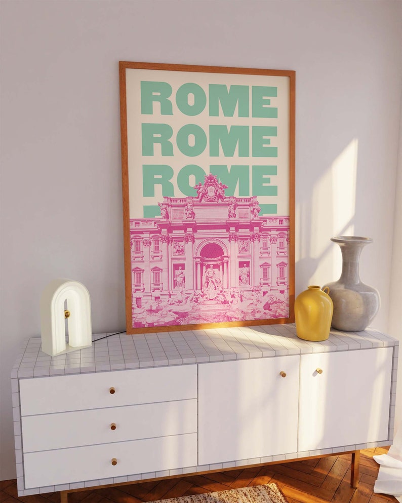 Rome reisprint Digitale kunst downloaden Roze groen Italië Trevifontein reizen tentoonstelling afdrukken Leuke trendy kunst aan de muur afbeelding 8