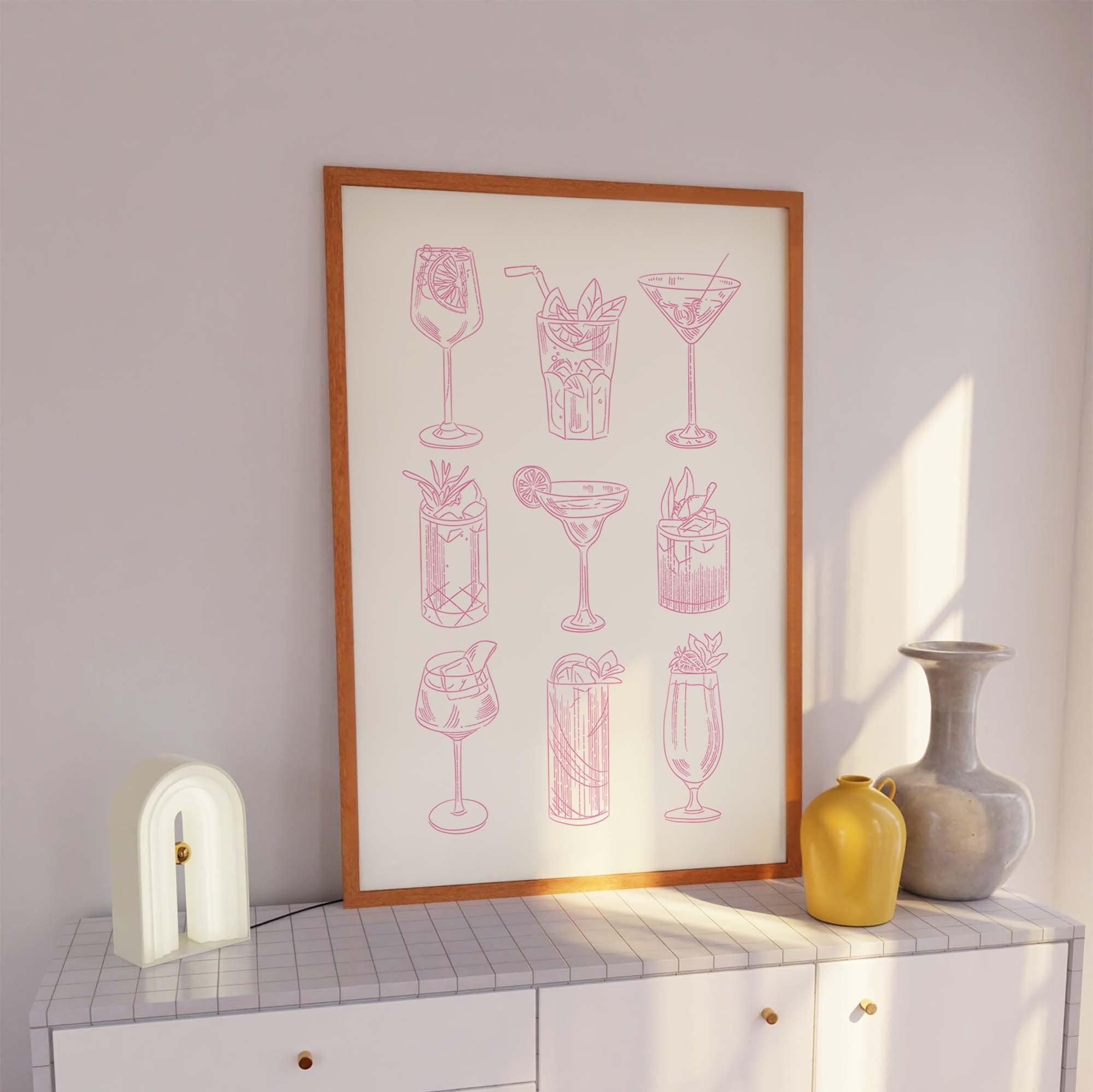 printable kitchen prints wall art, set of 6, hand... Cocktail Sketch Print, Digital Art Download, Cute Bar Cart Print, Pink ...