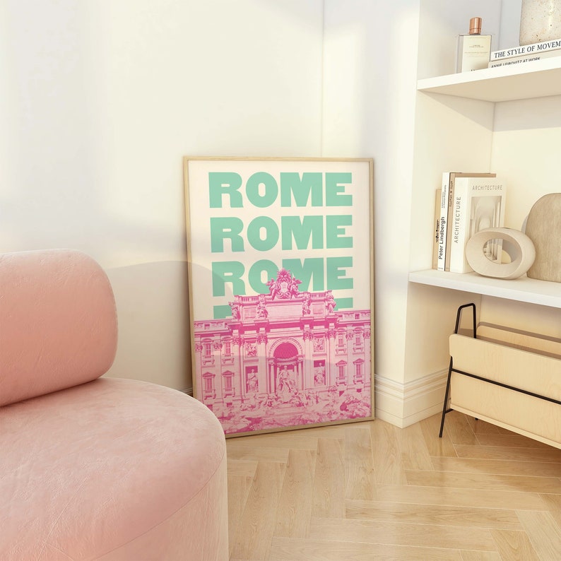 Rome reisprint Digitale kunst downloaden Roze groen Italië Trevifontein reizen tentoonstelling afdrukken Leuke trendy kunst aan de muur afbeelding 1