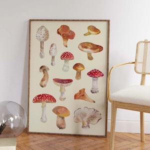 Mushrooms Print, Digital Art Download, Cute Watercolor Mushrooms Wall Print, Botanical Wall Art, Fall Woodland Print
