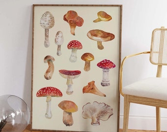 Mushrooms Print, Digital Art Download, Cute Watercolor Mushrooms Wall Print, Botanical Wall Art, Fall Woodland Print