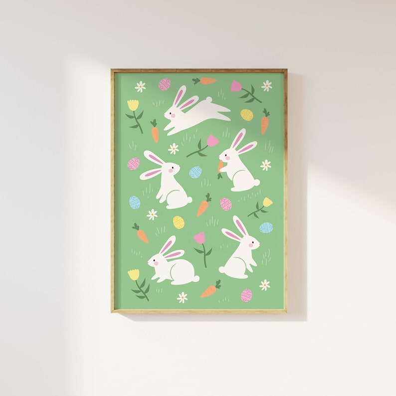 May include: A green background with white bunnies, pink flowers, yellow flowers, and orange carrots. The bunnies are holding carrots and there are also pink and yellow eggs scattered throughout the image.