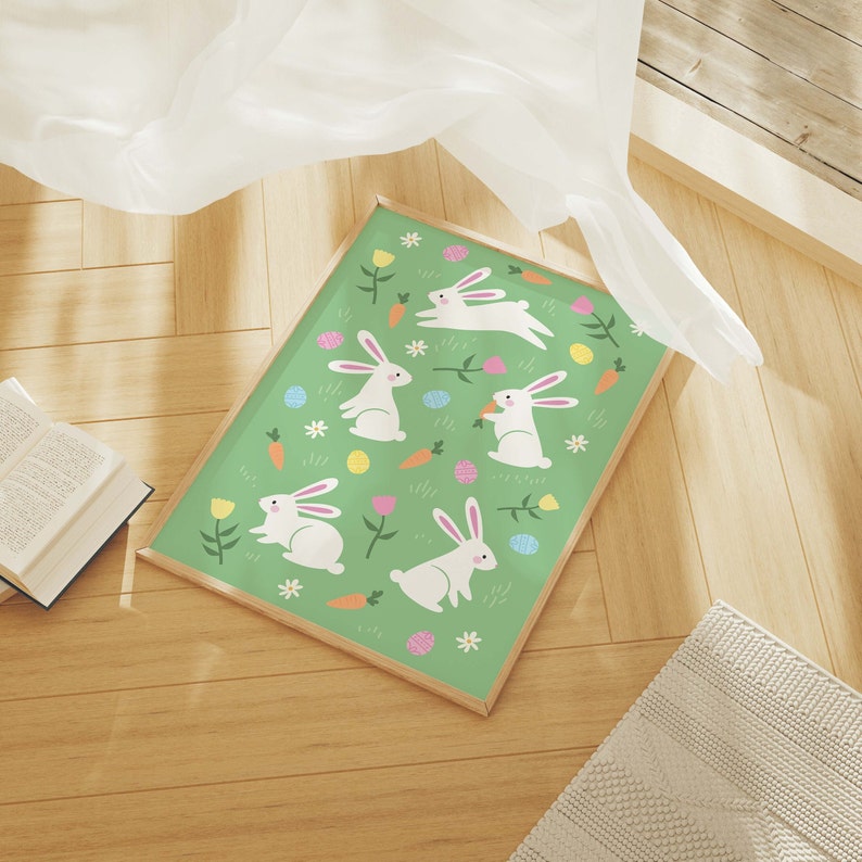 May include: A green background with white bunnies and colorful Easter eggs. The bunnies are holding carrots and some are hopping.