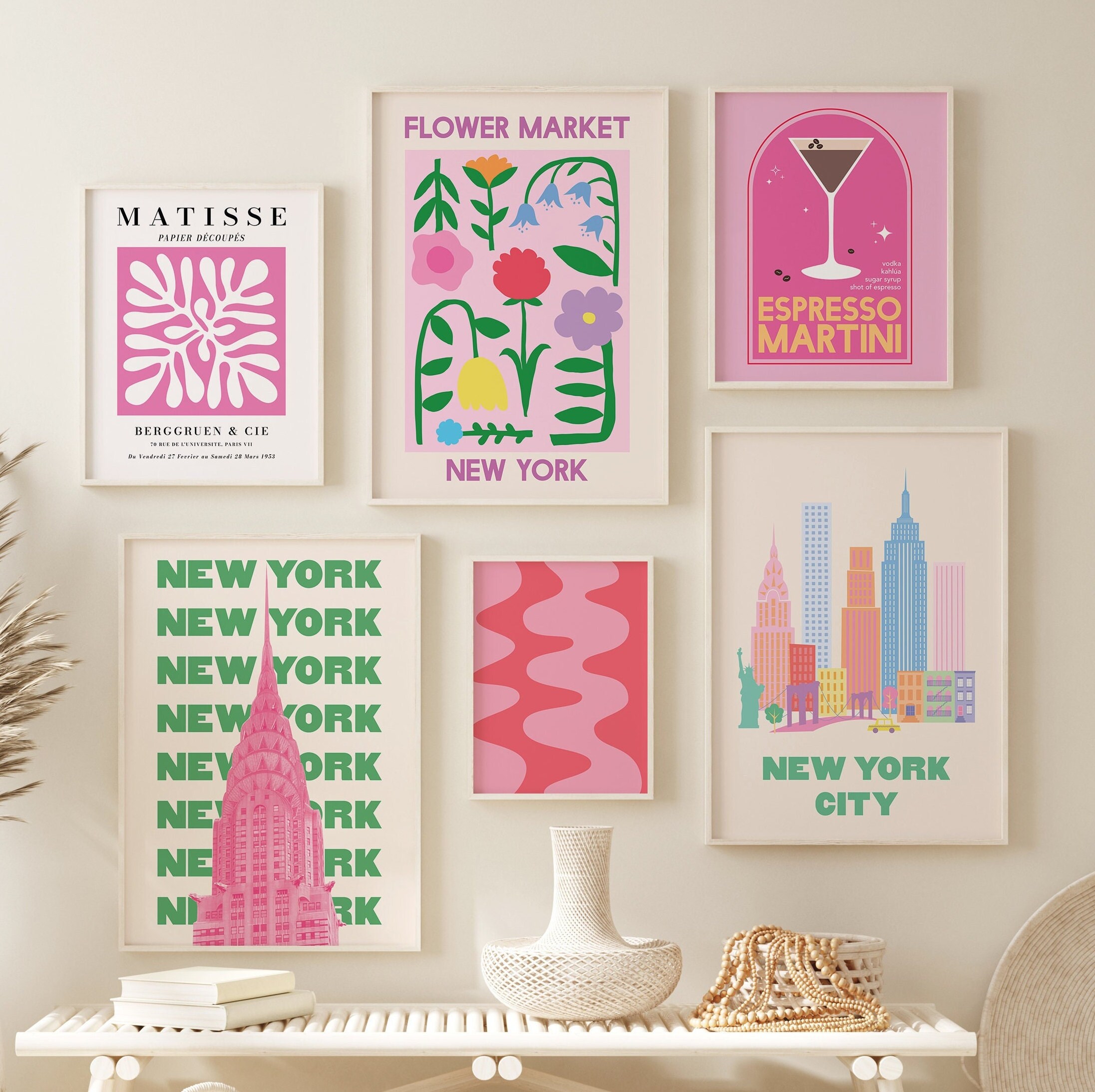Set of 6 Pink Print Gallery Wall | Digital Art Download | Pink Green ...