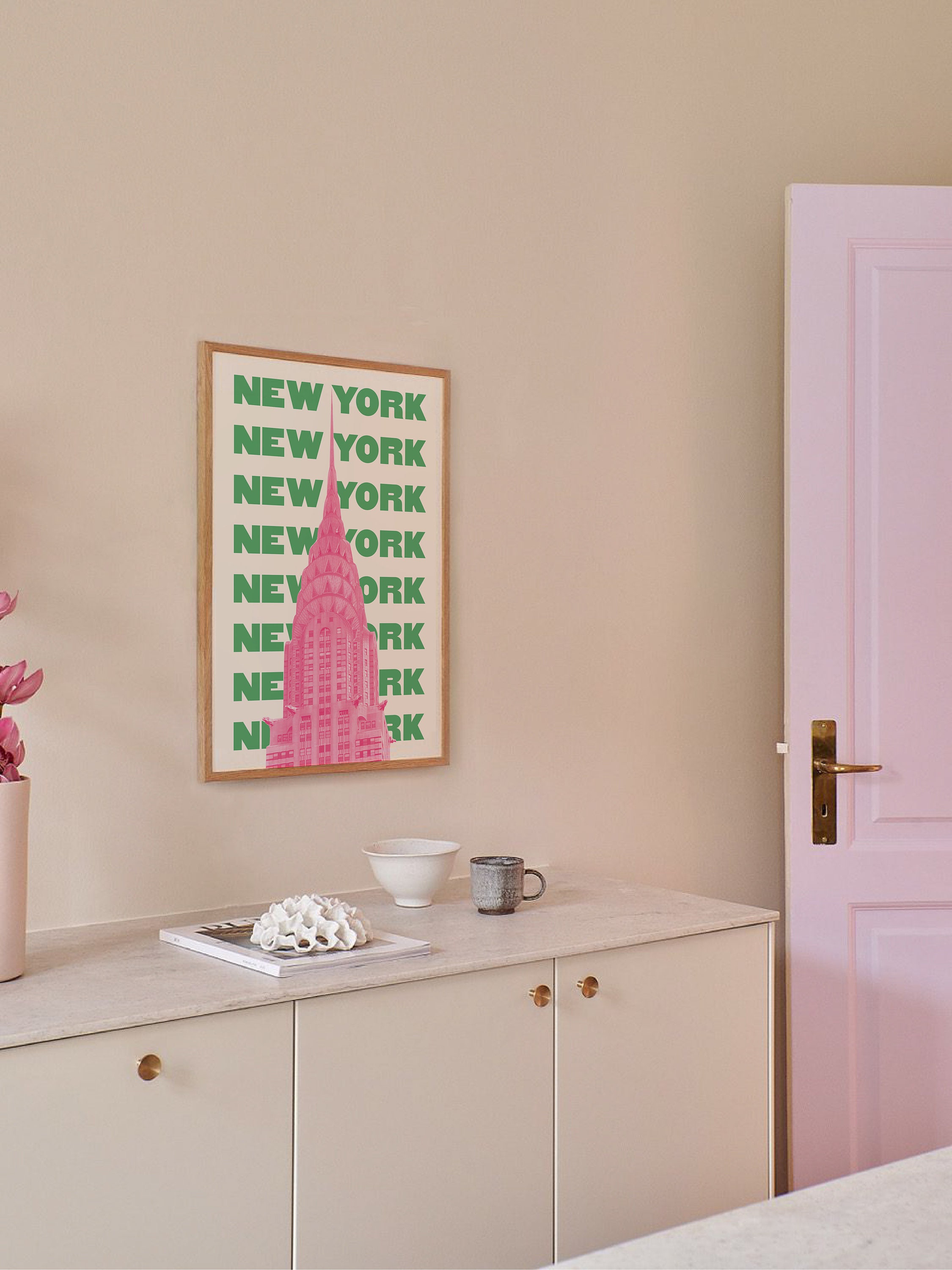 Discover New York City Travel Print | Digital Art Download | Pink Green NYC Travel Exhibition Posters