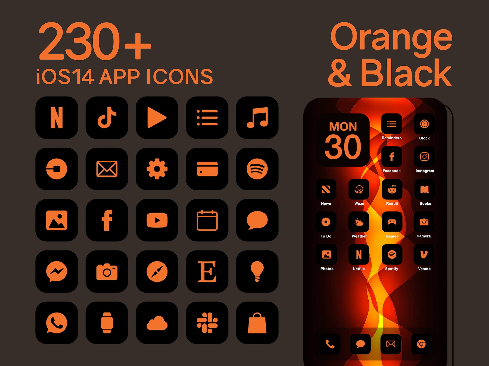 Ios Orange & Black App Icons 230 Orange and Black Minimal Etsy