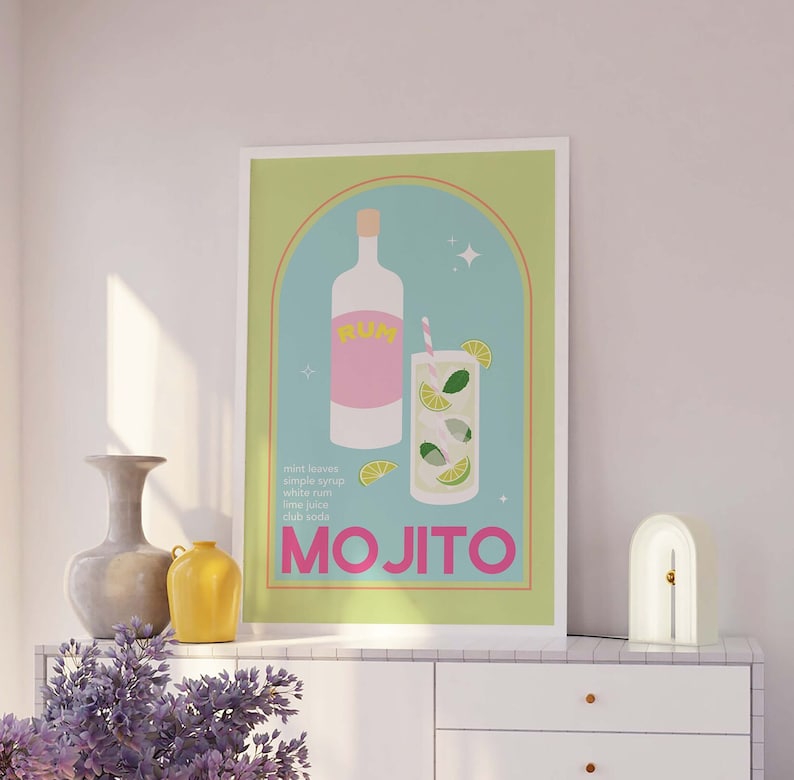 Mojito Cocktail Print / Descarga de arte digital / Lindo rosa verde Mojito Cocktail Bar Arte imprimible / Arte de pared de cocina imagen 8