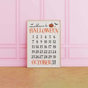 May include: A white printable countdown to Halloween with a black and orange pumpkin graphic. The numbers 1 through 30 are listed in rows, with "OCTOBER 31" at the bottom.