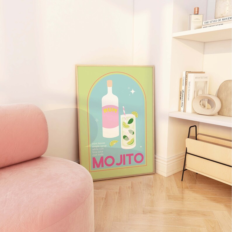 Mojito Cocktail Print / Descarga de arte digital / Lindo rosa verde Mojito Cocktail Bar Arte imprimible / Arte de pared de cocina imagen 4