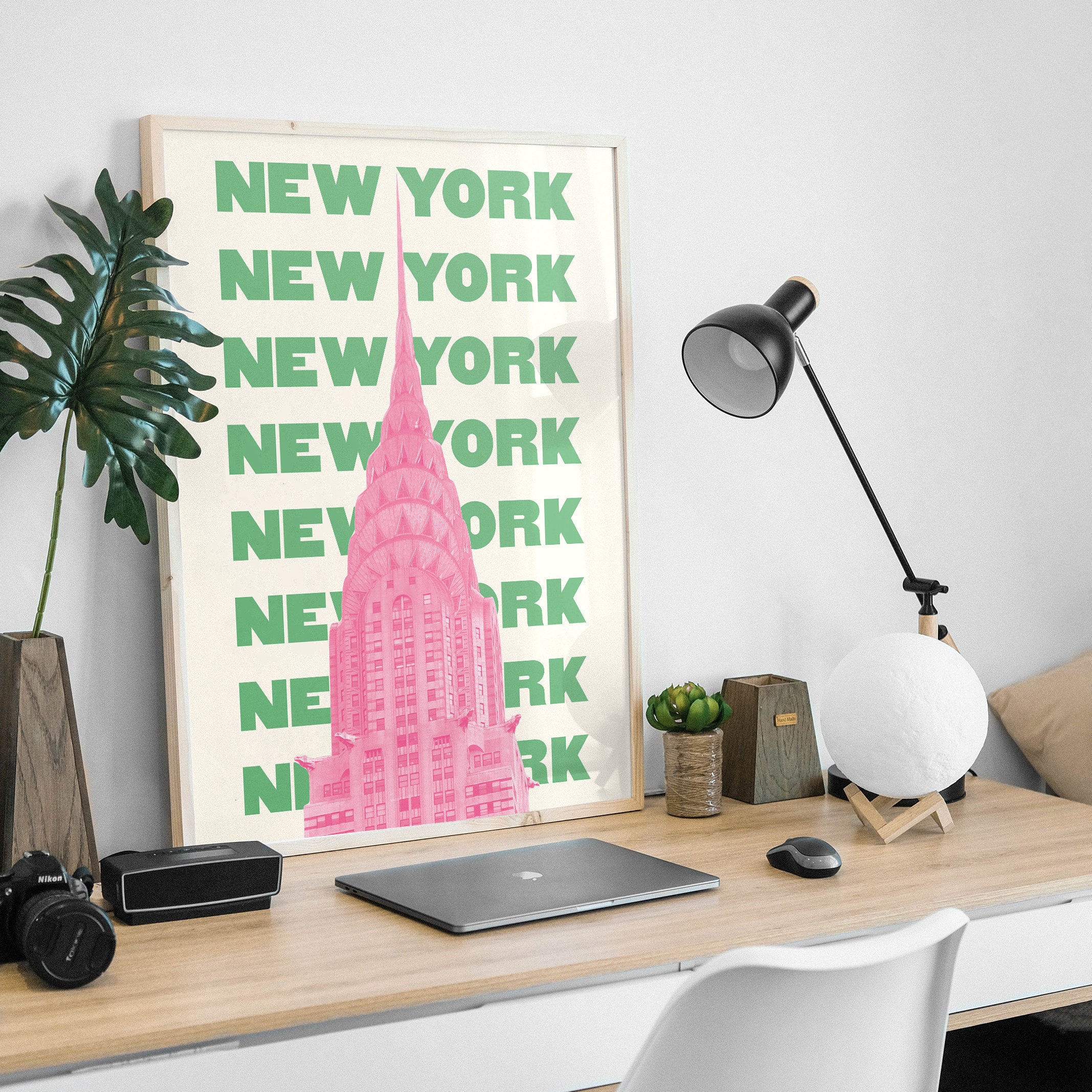 Discover New York City Travel Print | Digital Art Download | Pink Green NYC Travel Exhibition Posters